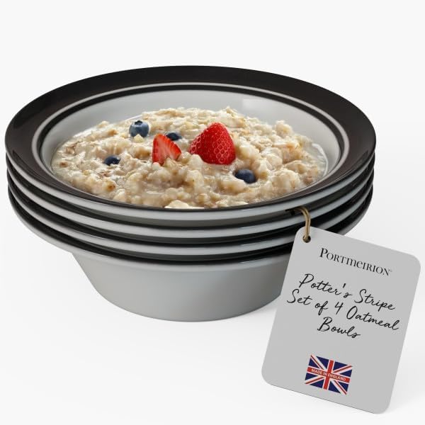 Portmeirion Potter's Stripe 16-Piece Dinnerware Set - Black Rimmed Plates &amp Bowls with Mugs Earthenware Dinnerware for Everyday Dining - Dishwasher &amp Microwave Safe Service for 4 Casual Dini