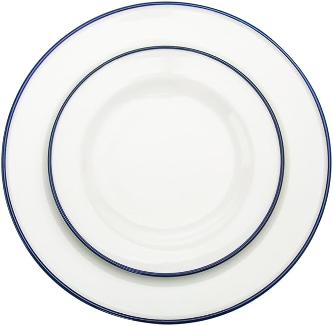 Bistro Blue Rim Porcelain 16 Piece Dinnerware Set Service for 4 Solid Country Round 12 Dishwasher Safe