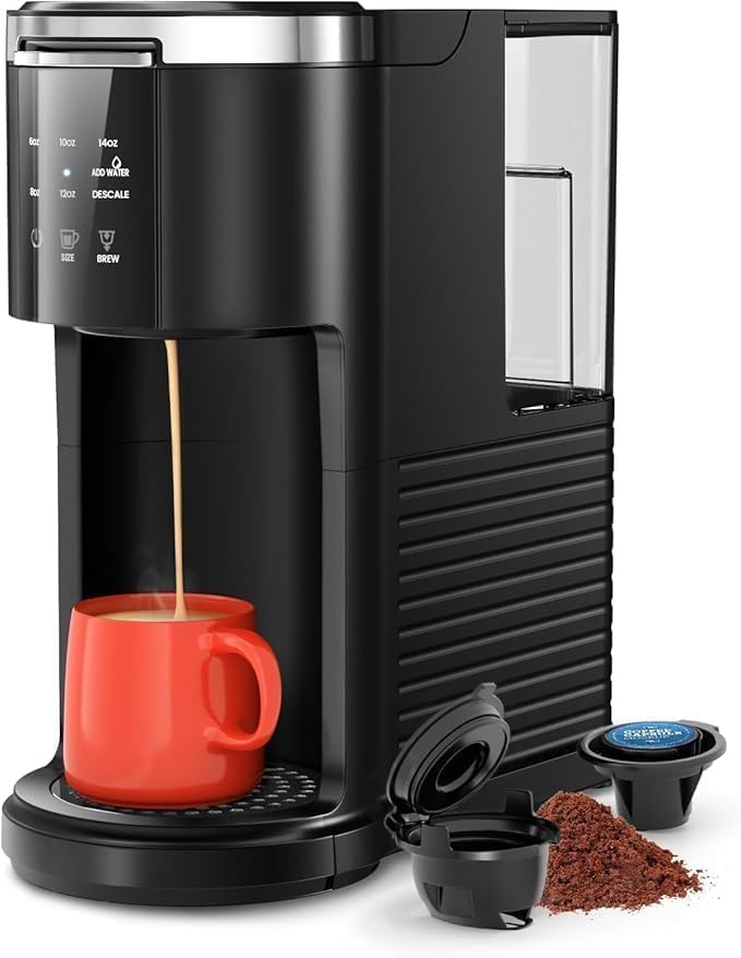 Kismile Single Serve Coffee Maker 2 in 1 Pod Coffee Maker Machine for K-Cup &amp Ground 6 to 14oz Brew Sizes 40oz Removable Water Reservoir LCD Screen Self-cleaning（Black）