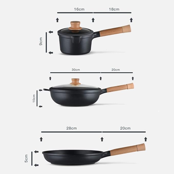 Cooking Pot 3-Pc Non-Stick Pan Set Wok Frying Pan Milk Pot Cooking Utensils Set with Beech Handle Strong and Sturdy