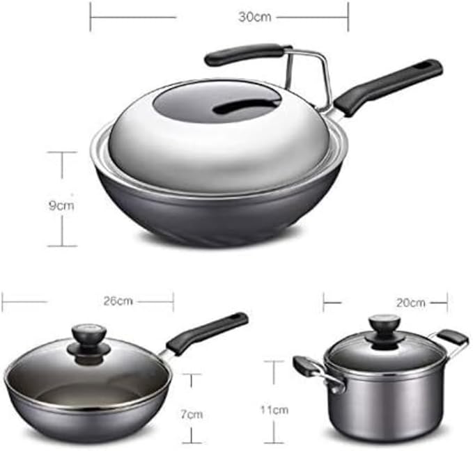 Kitchen Cooking Sets 3 Pcs Stainless Steel Frying Pan Non Stick Pan Uncoated Pot Soup Pot Milk Pot Cookware Sets