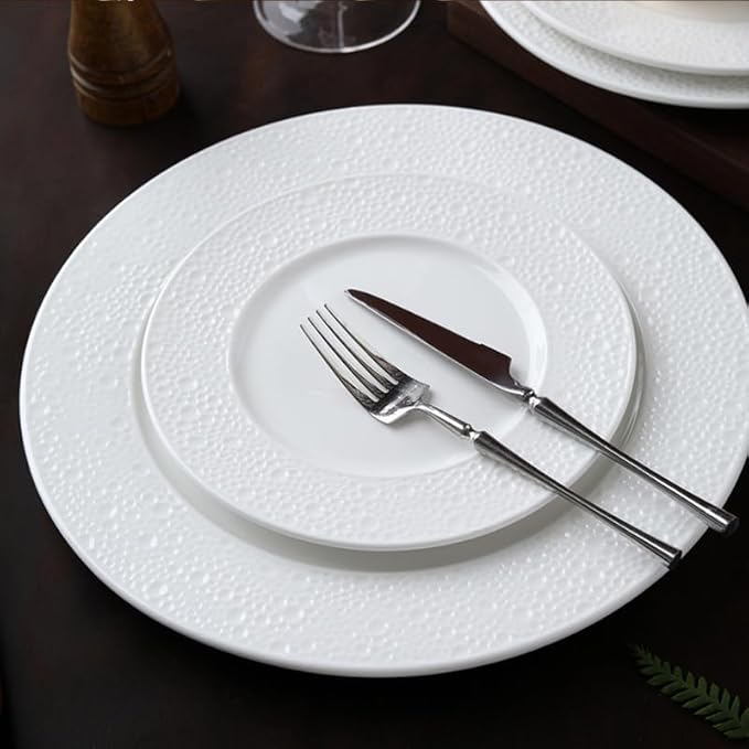 Elysian Bliss Ivory Grace Fine Porcelain Dinnerware Set Embossed Design White 18-Piece Ceramic Dinnerware Set – Pebble Pure Collection