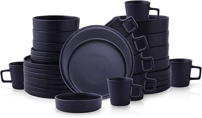 Stone Lain Cleo Stoneware 32-Piece Modern Dinnerware Set Plates and Bowls Dark Blue Service for 8 Microwave &amp Dishwasher Safe
