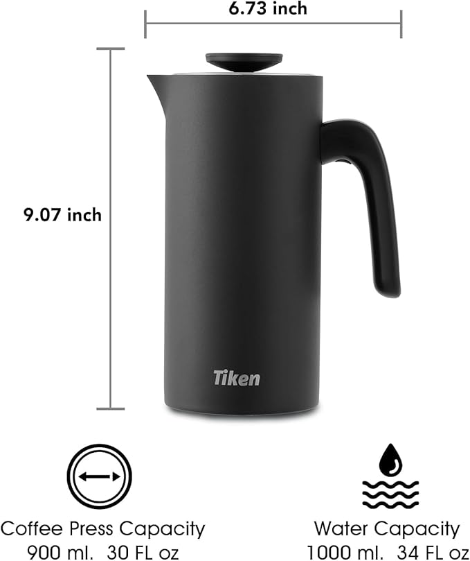 Tiken Black French Press Coffee Maker AND Black Insulated Tumbler Stainless Steel Coffee Maker