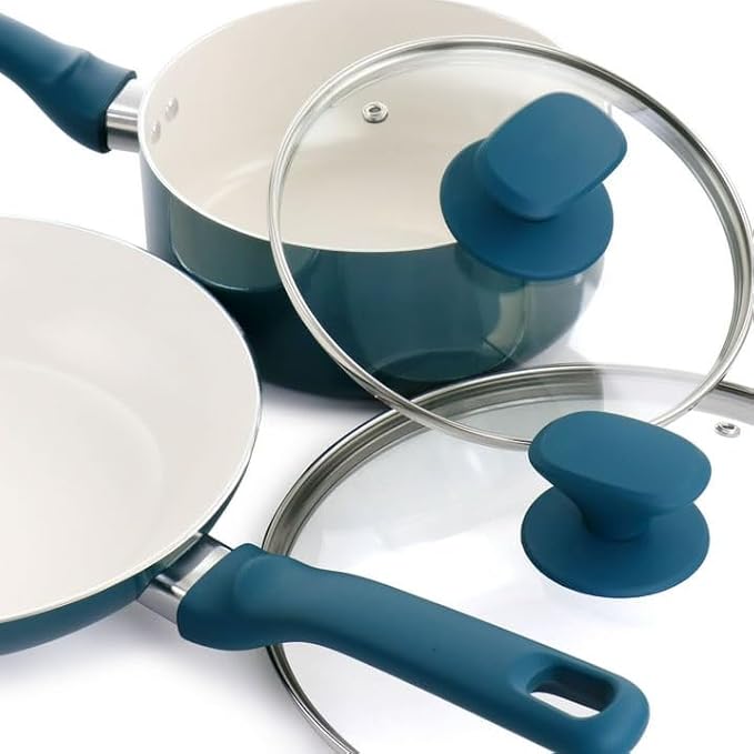 7 Piece Ceramic Nonstick Cookware Set – Healthy Aluminum Pots and Pans with Glass Lids Cool Touch Handles &amp Nylon Utensils – Oven Safe Nonstick Cooking Set for All Stovetops (Teal)