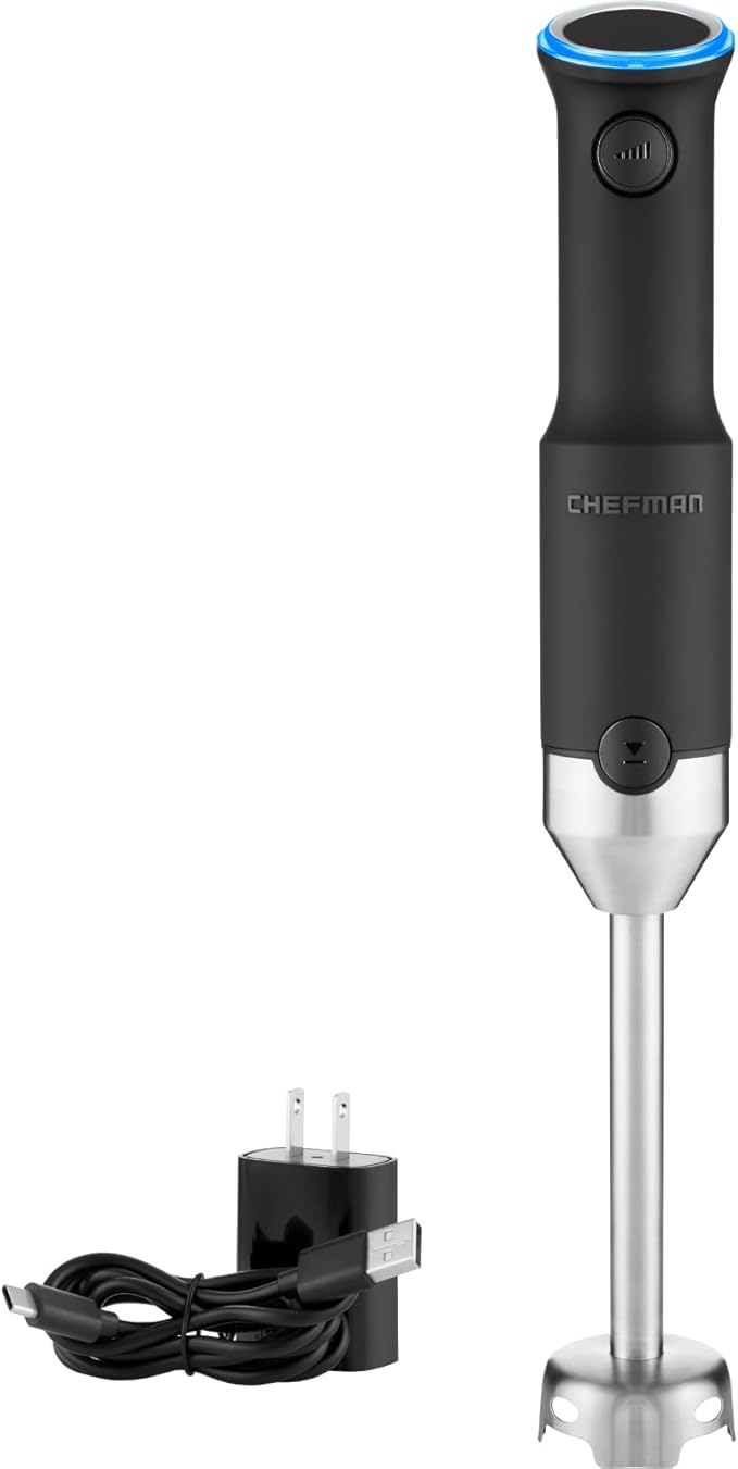 Chefman Cordless Power Portable Immersion Blender Ice Crushing Power with One-Touch Speed Control USB Charging Quickly Mixes Smoothies Purees Soups Dips Sauces Storage Case Stainless Steel