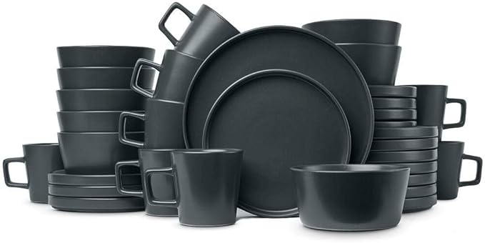 Durable 32 Piece Round Ceramic Stoneware Dinnerware Set For 8 Rustic Speckled Collection | Unique Lipped Rim Design On Plates Microwave &amp Dishwasher Safe | Modern Appearance Dark Grey Shade