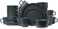 Durable 32 Piece Round Ceramic Stoneware Dinnerware Set For 8 Rustic Speckled Collection | Unique Lipped Rim Design On Plates Microwave &amp Dishwasher Safe | Modern Appearance Dark Grey Shade