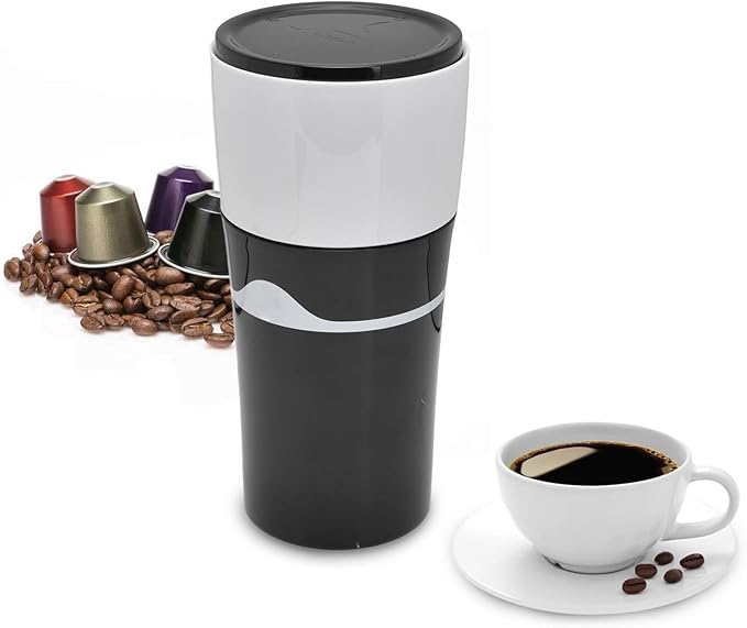 450ml Portable Drip Coffee Travel Mug Side Leakage Proof Sharing Cup Lid Drip Coffee Machine with 3 Capsules for K Cup Capsules (Black White)