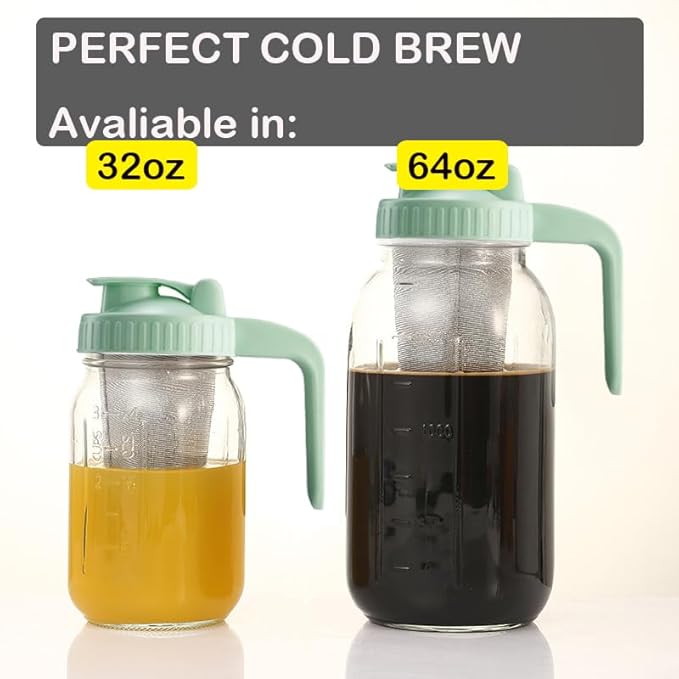 Fermus Set of 2 Cold Brew Coffee Maker 64oz / 2Quart Glass Pitcher with Stainless Steel Filter and Pour Spout Handle Lid Mason Jar for Making Cold Coffee Fruit Drinks Sun Tea (2)