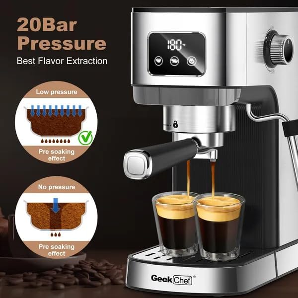 20 Bar Espresso Machine for Home Cappuccino &amp Latte Maker with Milk Frother Steam Wand ESE Pod Filter Accurate Temperature &amp Time Control Compact Stainless Steel Coffee Machine