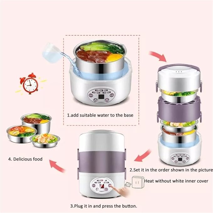Rice Cooker 3 Layers Portable Heating Bento Steamer Cooking Pot 2L Food Container Warmer