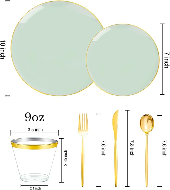 bUCLA 150PCS Green Plastic Plates - Sage Green with Gold Rim Disposable - Include 25 (Dinner &amp Dessert) Plates 25 Knives 25 Forks 25 Spoons and 25 Cups for Party Easter &amp Spring
