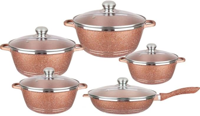 Cooking Pot Nonstick Cookware Sets Cooking Pots and Pans with Glass LidsMarble Coated Aluminium Home Kitchenware with SaucepansFrying PanStock Pot10 Piece Vision (Gold V
