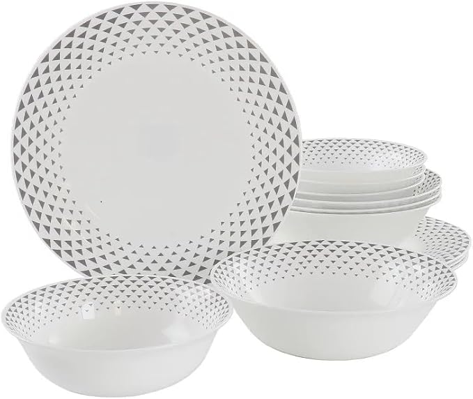 12-Piece Opal Glass Dinnerware Set – Break Resistant White Plates and Bowls with Color Accents Microwave Dishwasher &amp Freezer Safe Tableware for 4 (Grey)