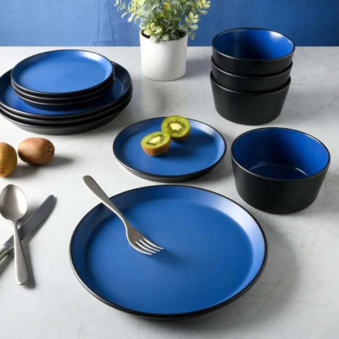 12 Piece Classy Dinnerware Sets Service For 4 | Dishwasher Microwave Oven Safe Stackable Chip &amp Scratch Resistant Contemporary Look Durable Stoneware Kitchen Bright Blue Black Color Cool