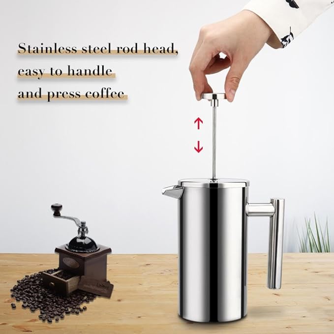TopHomer French Press Coffee Maker Stainless Steel Insulated Insulation Coffee Maker with U Shape Spout Reusable Filter Basket Dishwasher Safe Silver(800ml)