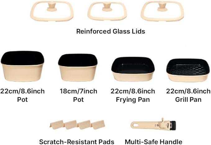 Bohog IH ceramic coating square cookware set with lid &amp magic handle 11P Beige