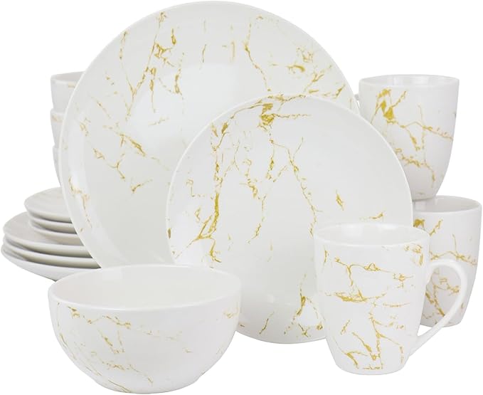 16 Piece Stoneware Dinnerware Set – Marble Pattern Dishes Dishwasher &amp Microwave Safe Tableware Service for 4 Elegant Glazed Dinner Plates and Bowls (Gold and White)