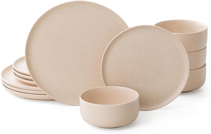 Stoneware Plates and Bowls Set - 12pcs Reactive Glazed Dinnerware Service for 4 Scratch &amp Chip Resistant (Oat Beige)