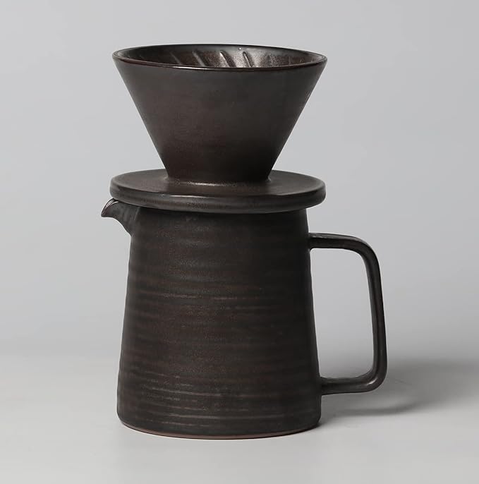 Stoneware Handmade Pour Over Coffee Maker Set Ceramic Coffee Brewer Hand Drip Cone Dripper &amp Coffee Pot Microwaveable Decanter Retro Metallic Glaze 16oz