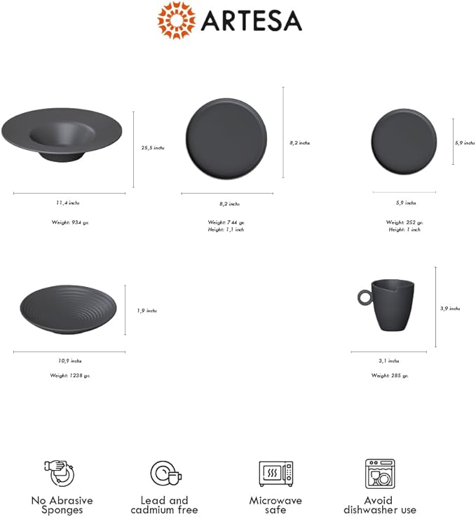 Artesa Organics Atmosfera Slate Gray Ceramic Dinnerware Set Handmade 4-Piece Place Setting with 11-inch Dinner Plate 8-inch Salad Plate Bowl Cup