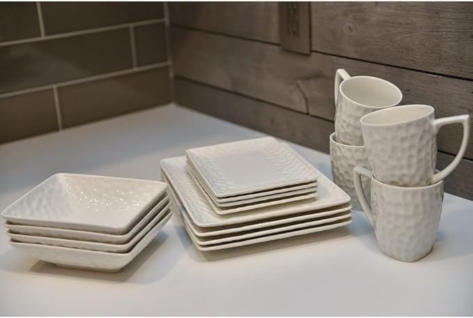 Marble Rectangular 16 Pc Dinner Set White Textured Casual Modern Contemporary Piece Dishwasher Safe Microwave
