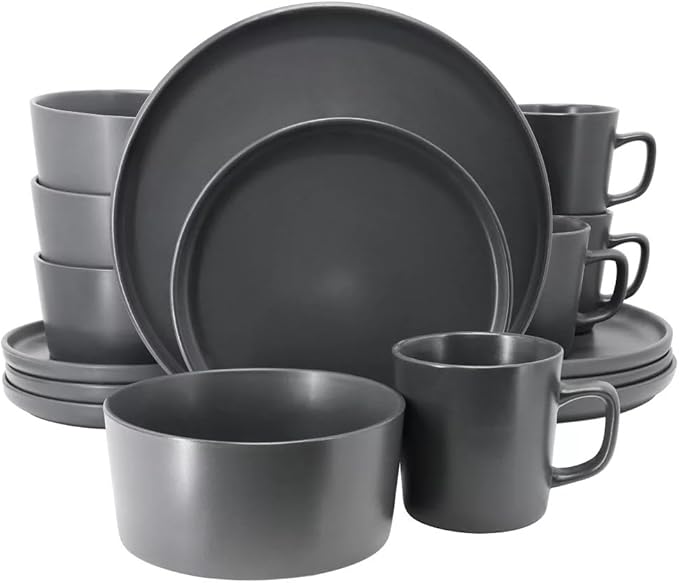 16 Piece Stoneware Dinnerware Set – Modern Matte Finish Plates and Bowls Microwave &amp Dishwasher Safe Service for 4 (Dark Gray)