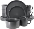 16 Piece Stoneware Dinnerware Set – Modern Matte Finish Plates and Bowls Microwave &amp Dishwasher Safe Service for 4 (Dark Gray)
