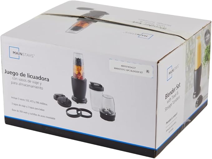 10-Piece Blender Set - Black - 300W - with 3 Jars (10oz 16oz 18oz) - 2 Drinking Lids - Stainless Steel Blade - 3 Jars - 3 Jar Lid - 1 Blade Assembly - 1 Main Body - 2 Cup Lids
