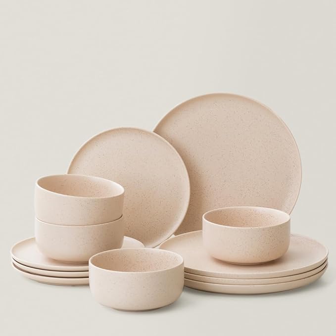 Stoneware Plates and Bowls Set - 12pcs Reactive Glazed Dinnerware Service for 4 Scratch &amp Chip Resistant (Oat Beige)