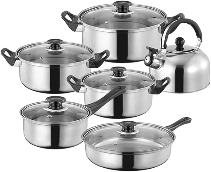 12pcs Stainless Steel Cookware Set with Milk Pan Saucepan Frying Kettle Kitchen Pots and Pans for Induction Gas Electric Stoves