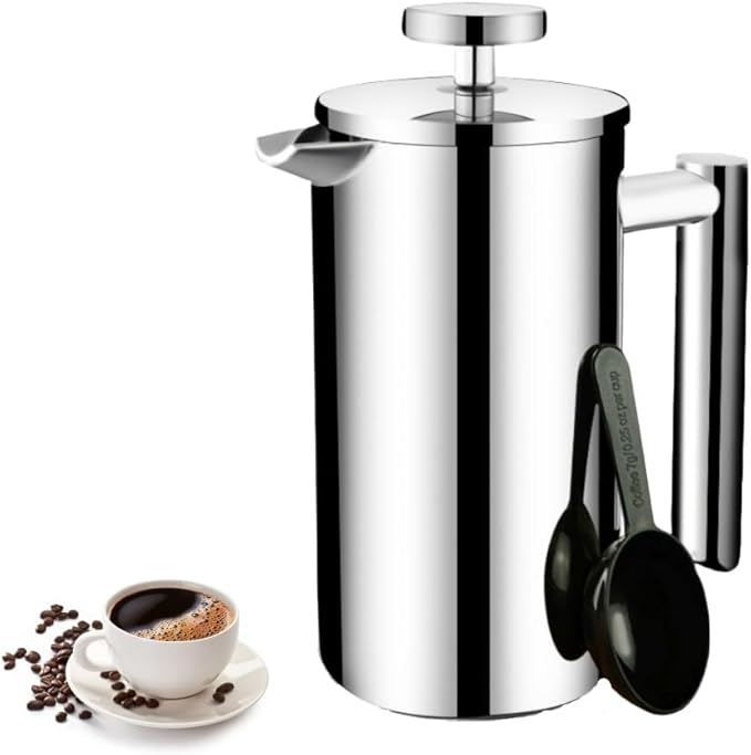 Cafetiere French Press Coffee Maker 1000ml/34oz 304 Stainless Steel Portable Double Wall Insulated Heat Resistant Coffee Press for Woman Man Silver Color for Home Camping and Office
