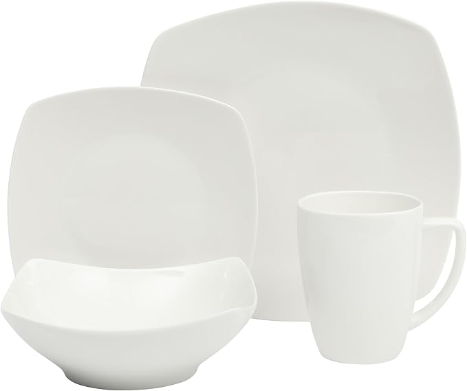 Gibson Home Zen Buffet Porcelain Chip and Scratch Resistant Dinnerware Plates Bowls and Mugs Set Service for 4 (16pcs) White (Square Dishes)