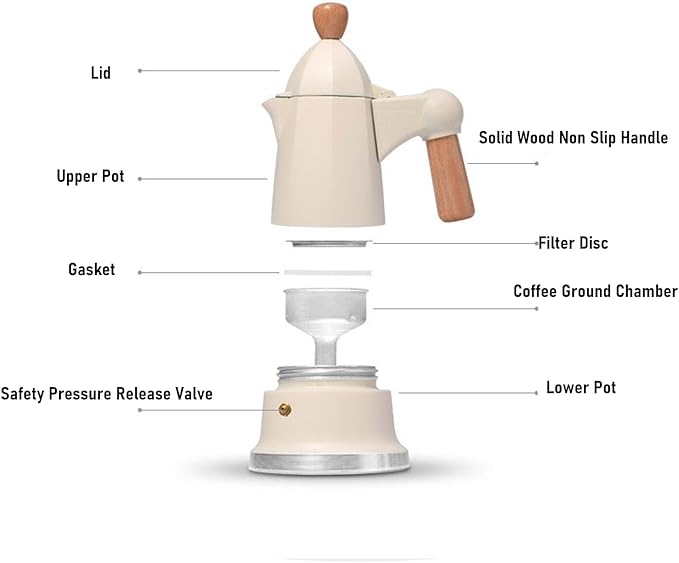 Stovetop Coffee Maker 3 Cups Single Valve Aluminum Alloy Percolator Coffee Maker Pot with Wooden Handle for Home Brewing Easy to Use &amp Clean (White)