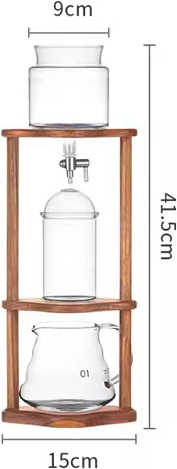 Cold Brew Drip Tower Iced Coffee Maker 600ml Glass Coffee Pot Adjustable Speed Dripper with Wood Stand Coffee Lover Gift Makes 6-8 Cups Coffee