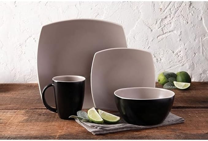 Durable 16 Piece Elegant Square Shape Stoneware Dinnerware Set For 4Soft Matte Glaze Finish | Dishwasher Microwave Oven Safe Stackable | Matte Taupe Color Stylish Modern Appearance Sleek Design