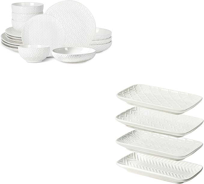 Sureasy Dinnerware Sets 16-piece + 8 inch Rectangular Salad Plates Set of 4 White