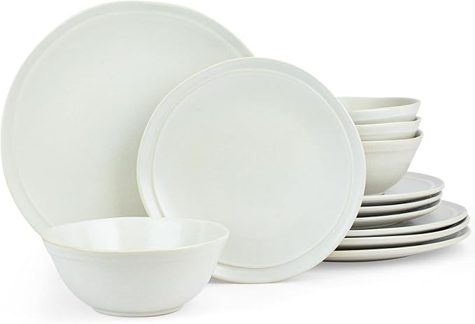 Famiware Aegean Dinnerware Set for 4 Plates and Bowls Sets 12-Piece Stoneware Scratch Resistant Dinner Set Handmade Irregular Round Dishes Microwave and Dishwasher Safe Matte White