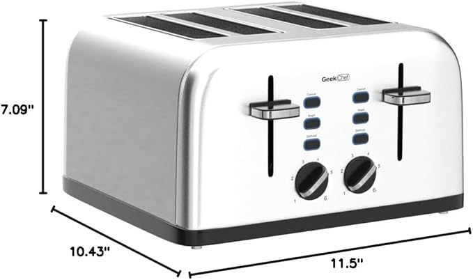 Toaster 4 Slice Geek Chef Stainless Steel Extra-Wide Slot Toaster with Dual Control Panels of Bagel/Defrost/Cancel Function 6 Toasting Bread Shade Settings Removable Crumb Trays Auto Pop-Up