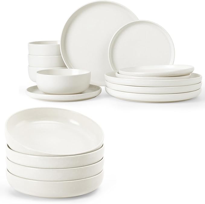 Famiware Milkyway Plates and Bowls Set 12 Pieces Dinnerware Sets and 4 Pieces Pasta Bowls Double Reactive Glaze Sturdy &amp Stackable Stoneware Dishes Set for 4 Matte White