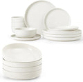 Famiware Milkyway Plates and Bowls Set 12 Pieces Dinnerware Sets and 4 Pieces Pasta Bowls Double Reactive Glaze Sturdy &amp Stackable Stoneware Dishes Set for 4 Matte White