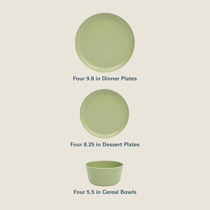 Gibson Home Fairhope 12-Piece Matte Green Melamine Dinnerware Set – Durable Lightweight Plates and Bowls Kitchen Dining Set
