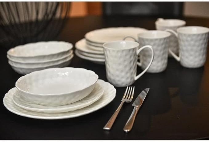 Marble Round 16 Pc Dinner Set Service for 4 White Textured Casual Modern Contemporary Porcelain Piece Dishwasher Safe Microwave