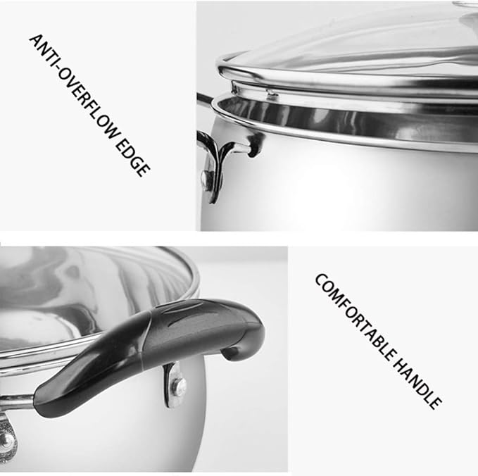 2-Piece Pot SetCookware Setwith Tempered Glass Lid Comfortable Handle Stainless Steel Soup Pot Suitable for Gas Induction Cooker Easy to Clean Deep Pan