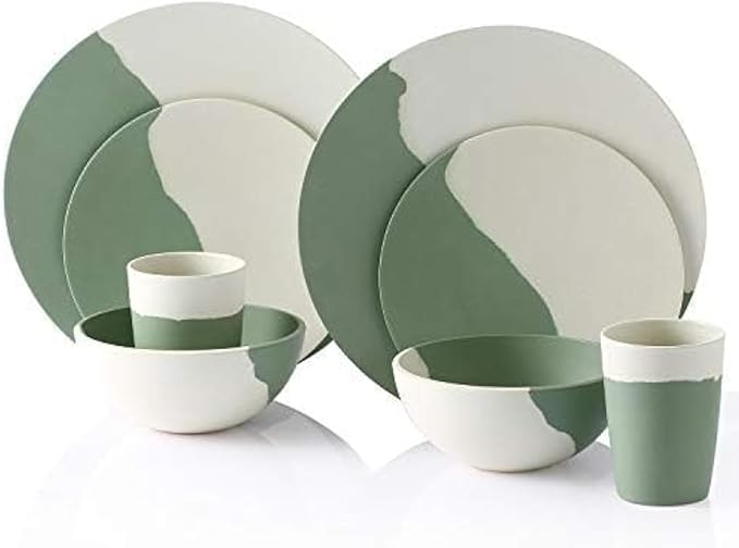 MORGIANA 8 pcs Bamboo Dinnerware Set Reusable Plates Bowls Sets Camping Picnic Dishes Tableware Set for 2 (Green &amp White)