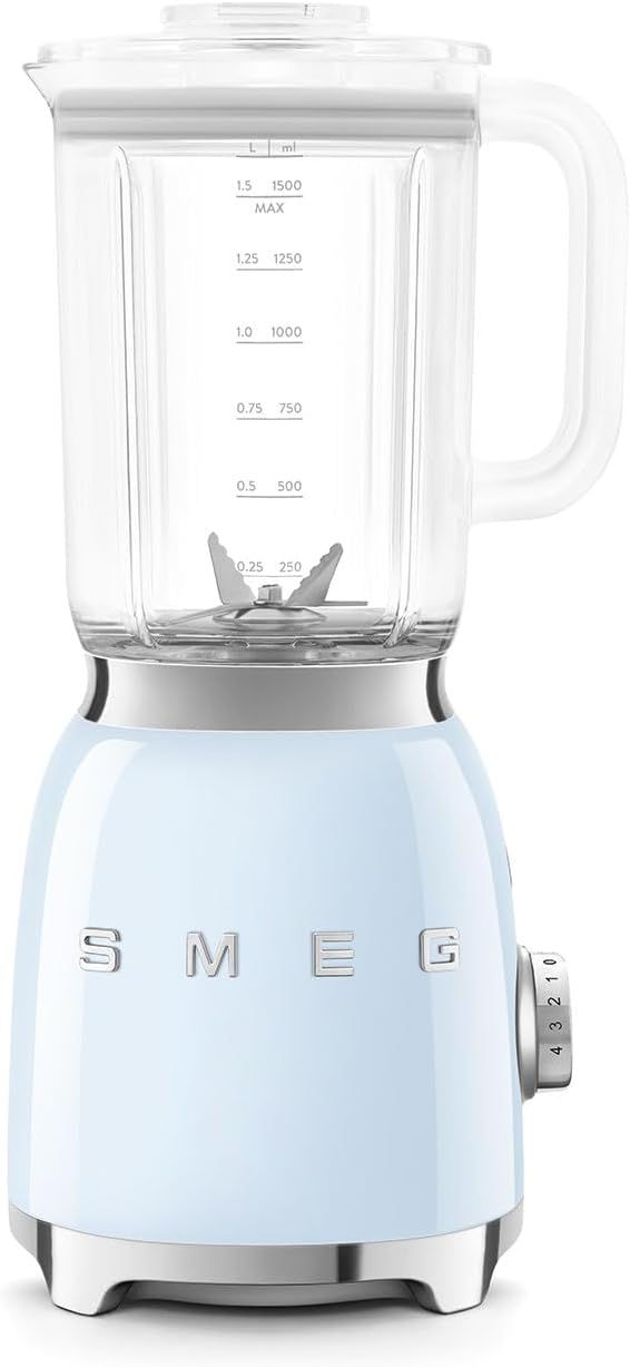SMEG BLF03 Retro Style Blender – 600W Countertop Blender with 48 oz BPA-Free Jug 3 Speeds + Pulse Ice Crush &amp Smoothie Functions – 50s-Inspired Design-Pastel Blue