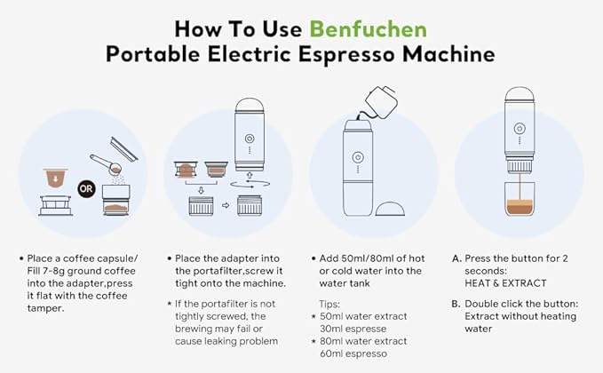 BENFUCHEN Portable Electric Espresso Machine Travel Coffee Maker for Camping On the Go Car Coffee Maker Self-Heating with USB-C With Ground Coffee &amp N Espresso Capsule for RV/Hiking/Office Whi