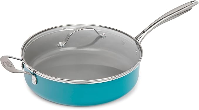 Gotham Steel Nonstick 5.5 Quart Sauté Pan with Lid Ceramic Jumbo Cooker Fry Pan with Glass Lid Stay Cool Handle + Helper Handle Oven Stovetop &amp Dishwasher Safe 100% PFOA Free Aqua Blue