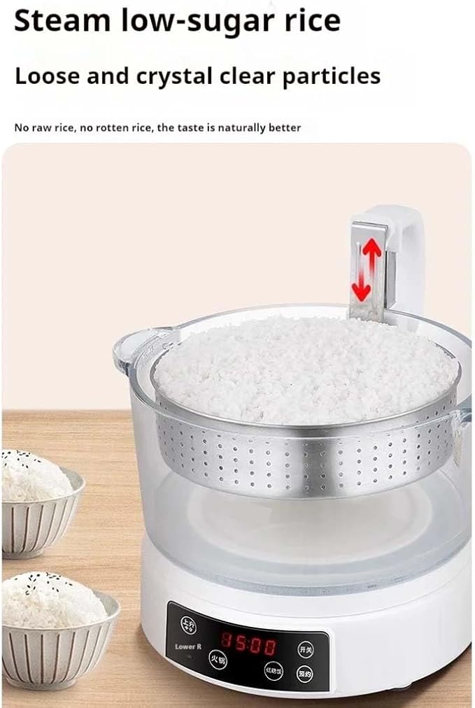 Rice Cooker Rice Steamer Low Carb  Low Sugar Digital Steamer 3.3L Glass Inner Pot with Steaming Basket Visual Electric Cooker with 6 Menus for Family Use